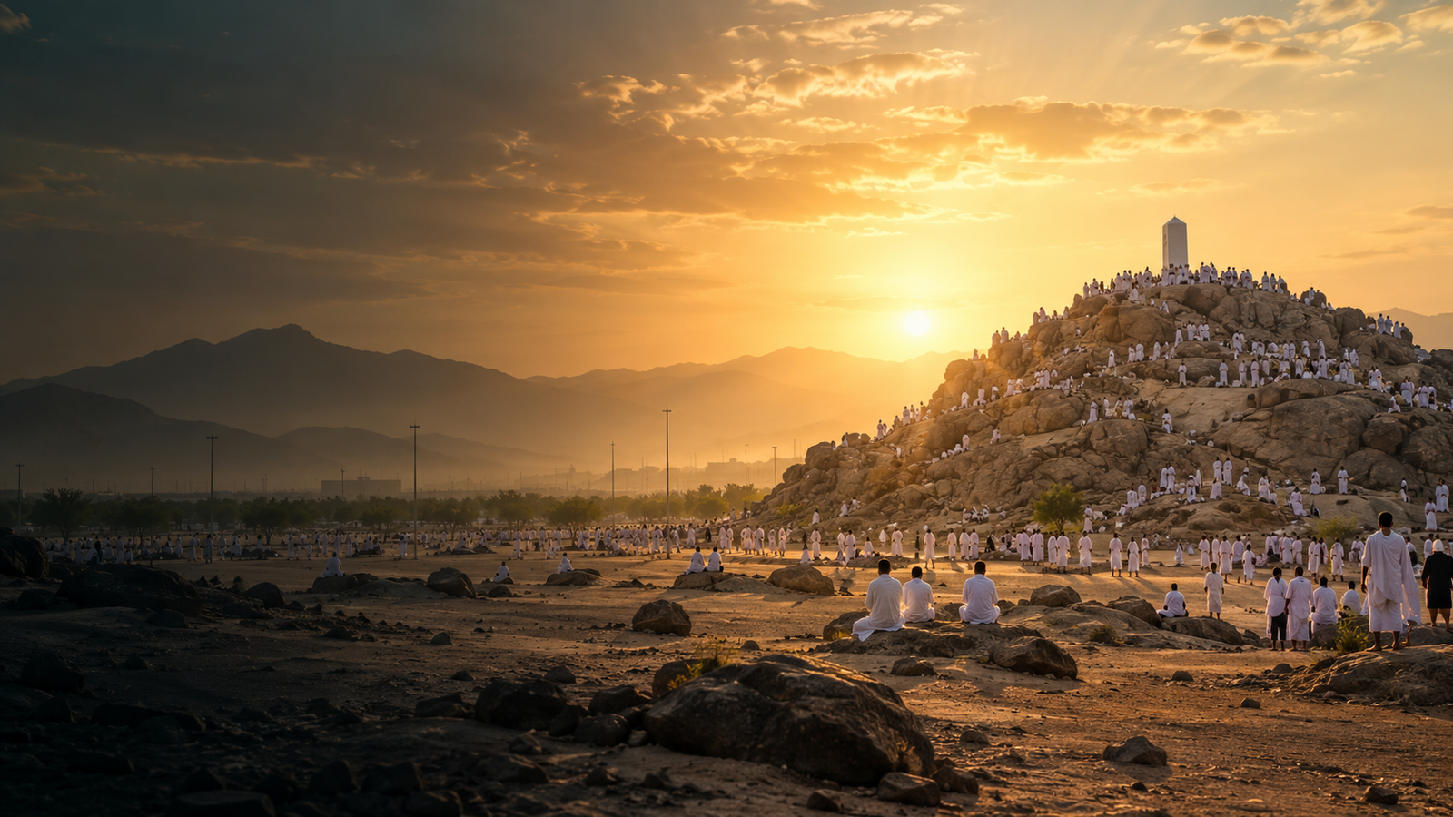 Dawn over Arafat and Jabal al Rahmah, illustrative Hajj image